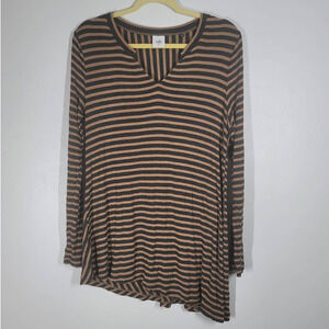 Cabi Slant Tunic Tee Size M Split V-Neck Long Sleeve Pullover Top Striped Brown